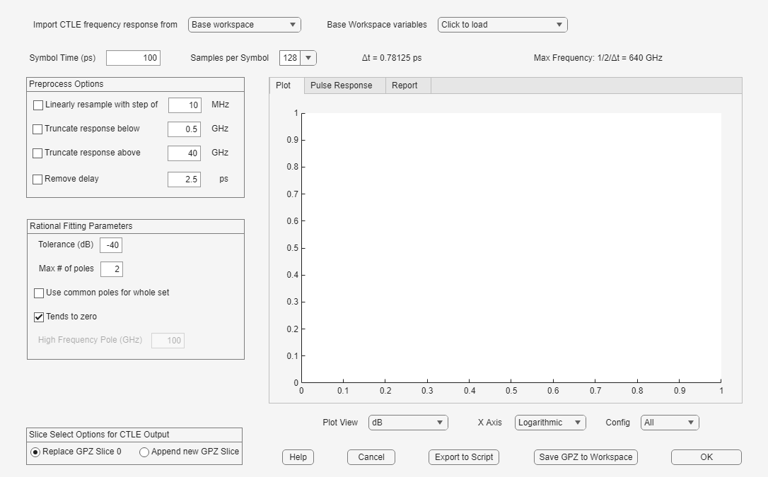 Figure CTLE Fitter App contains 2 axes objects and other objects of type uibutton, uidropdown, uilabel, uipanel, uitabgroup, uinumericeditfield, uibuttongroup. Axes object 1 is empty. Axes object 2 is empty.