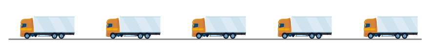 Five truck-trailers traveling in a platoon on a road with uniform spacing