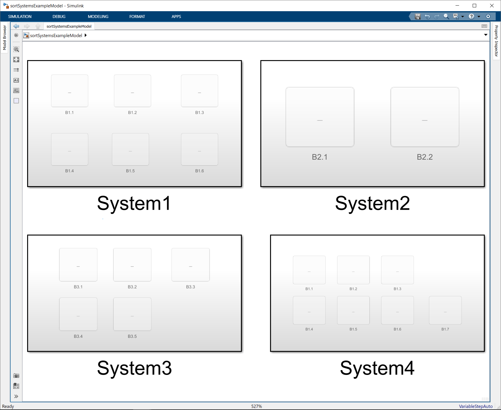 Simulink window with the sortSystemExampleModel model open.