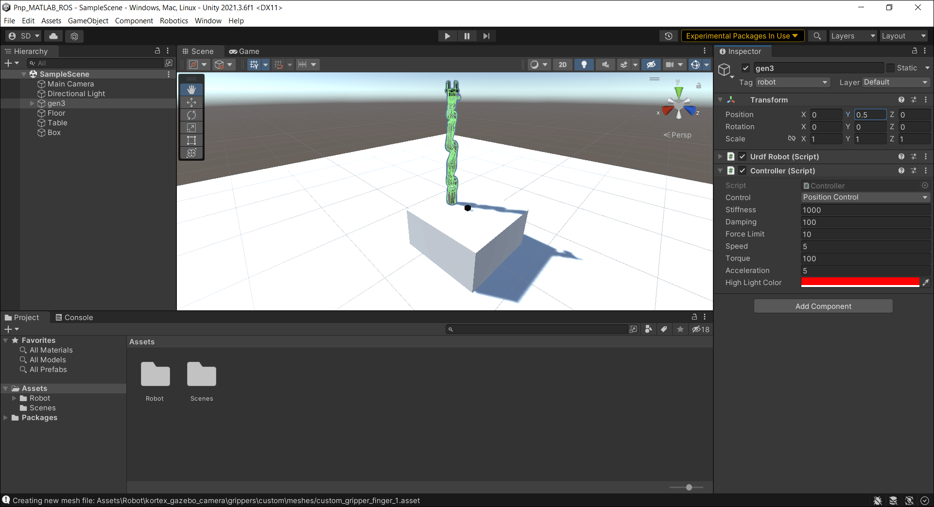 Screenshot of configuring robot model in Unity