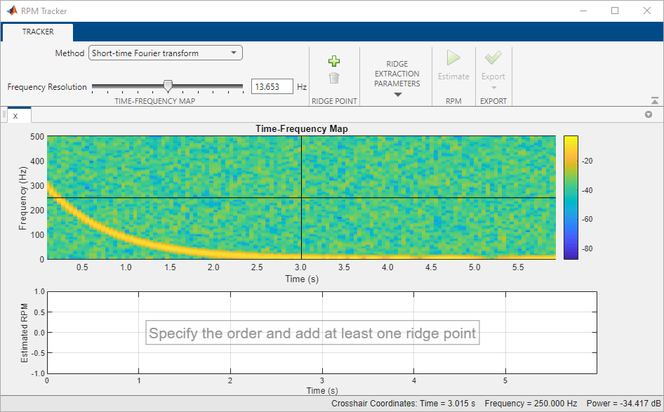 Time-Frequency map displayed in the RPM Tracker interactive figure. To generate the estimated RPM, specify the order and add at least one ridge point.