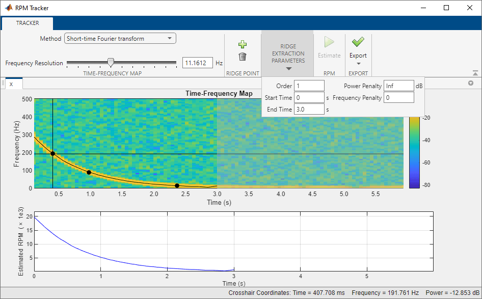 Time-Frequency map and estimated RPM displayed in the RPM Tracker interactive figure.
