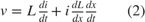 $v=L{di\over dt}+i{dL\over dx}{dx\over dt}\quad\quad(2)$