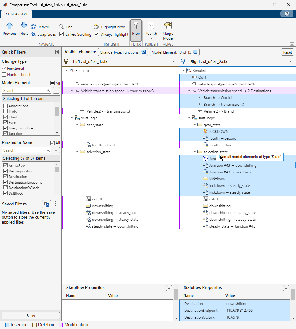 Compare and Merge Simulink Models Containing Stateflow