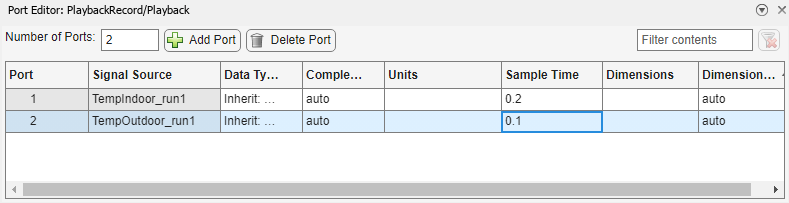 Playback block Port Editor after editing the Sample Time column