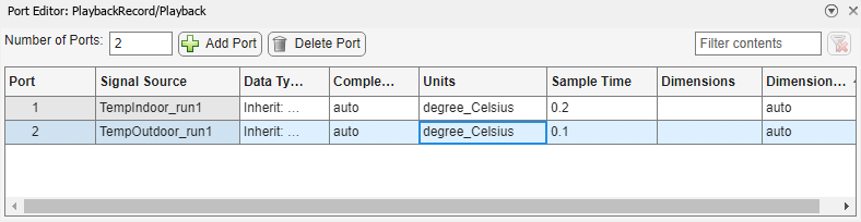 Playback block Port Editor after editing the Units column