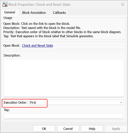 Block Properties dialog box for the Check and Reset State subsystem.