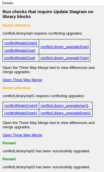 Details pane shows the checks that require Update Diagram on library blocks.