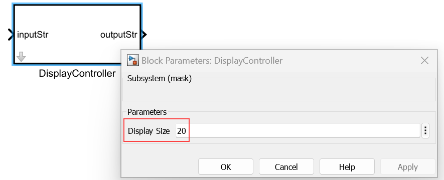 The DisplayController block Display Size parameter is set to 20.