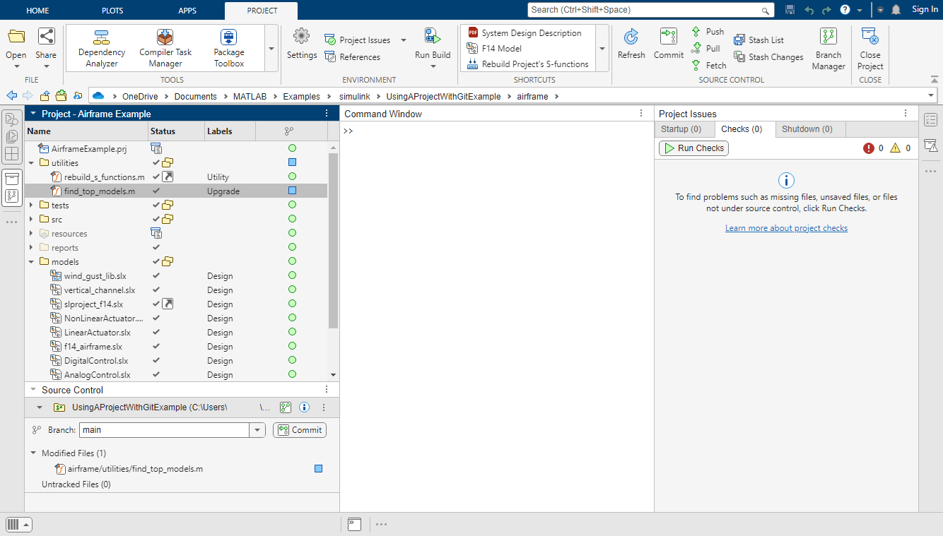 The MATLAB desktop shows the Project panel and Source Control panel with the project open on the left, the Project toolstrip on top, the Command Window in the middle, and the Project Issues panel on the right.