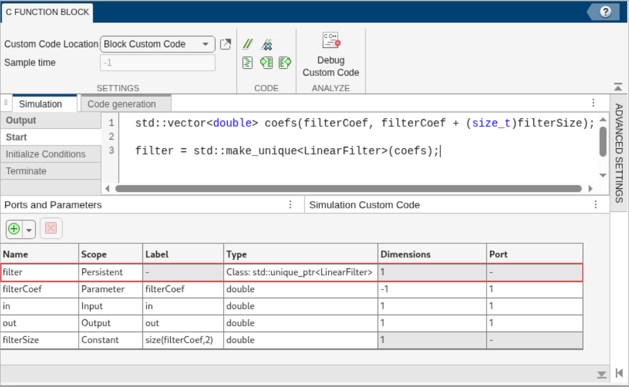 The Start code and the Ports and Parameters table.