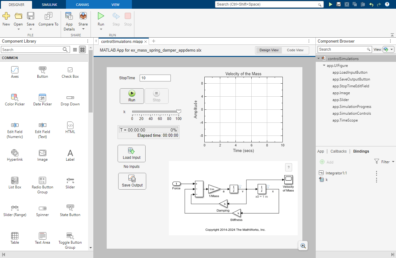 controlSimulations app in App Designer