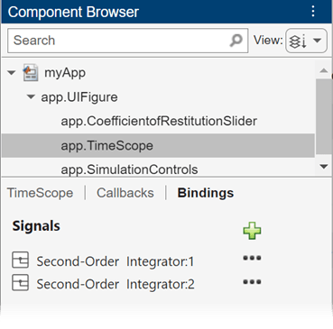 Component Browser in App Designer. The app.TimeScope component is selected and the Bindings pane is visible. The pane lists two signals: Second-Order Integrator:1 and Second-Order Integrator:2.
