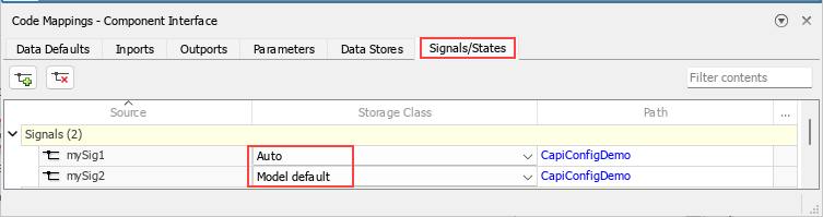 Code Mappings editor. Signals/States tab is open with the Signals group expended. The storage classes of the two signals are specified as Auto and Model default.