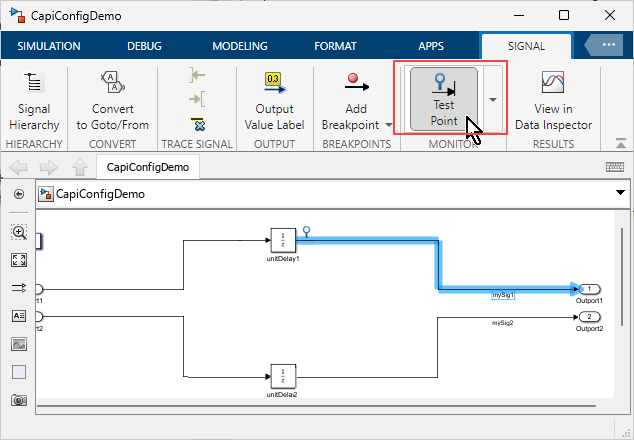 CapiConfigDemo model. The output signal of unitDelay1 is selected in the model canvas. The model Signal tab is selected and the Test Point toggle button in the Monitor section is selected.