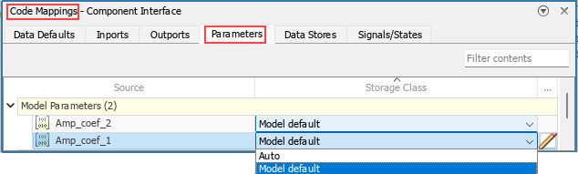 Code Mappings editor. Signals/States tab is open. The storage classes of the two signals are specified as Auto and Model default.