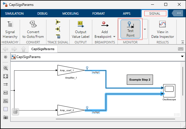 CapiSigsParams model. The output signals of the Gain blocks are selected in the model canvas. The model Signal tab is selected and the Test Point toggle button in the Monitor section is selected.