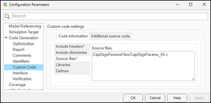 Configuration Parameters dialog box. The Code Generation > Custom Code pane is open. In the Code information tab of the Custom code settings section, the source file path is specified in the Source files box as CapiGetStartedFiles/CapiSigsParams_05.c