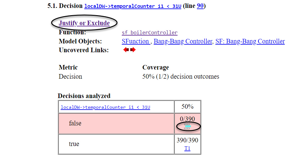 Location of justify or exclude link and add justification rule icon in coverage report