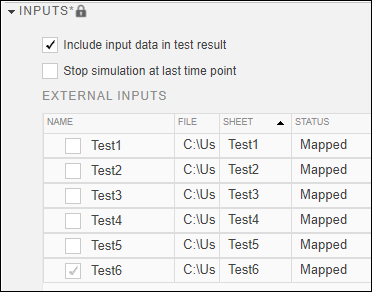 Input section showing the external inputs for each worksheet in the Excel file