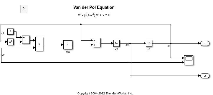 Van der Pol Equation Simulink model (vdp) with integrators, gain, and scope blocks