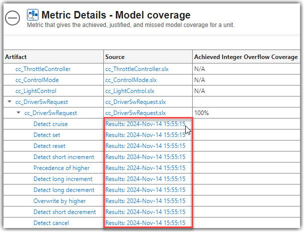 Test results in the Source column of the Metric Details table