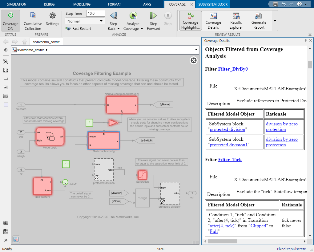 Simulink window after coverage analysis. The Coverage Details pane displays the Objects Filtered from Coverage Analysis section of the coverage report.