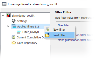 Context menu for the Applied filters selection displays two options: New filter and Load filter