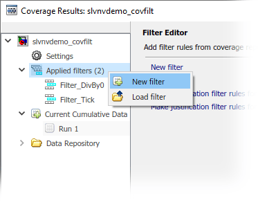 Context menu for Applied filters, with New filter selected