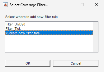 Select Coverage Filter dialog box with 'Create new filter file' selected