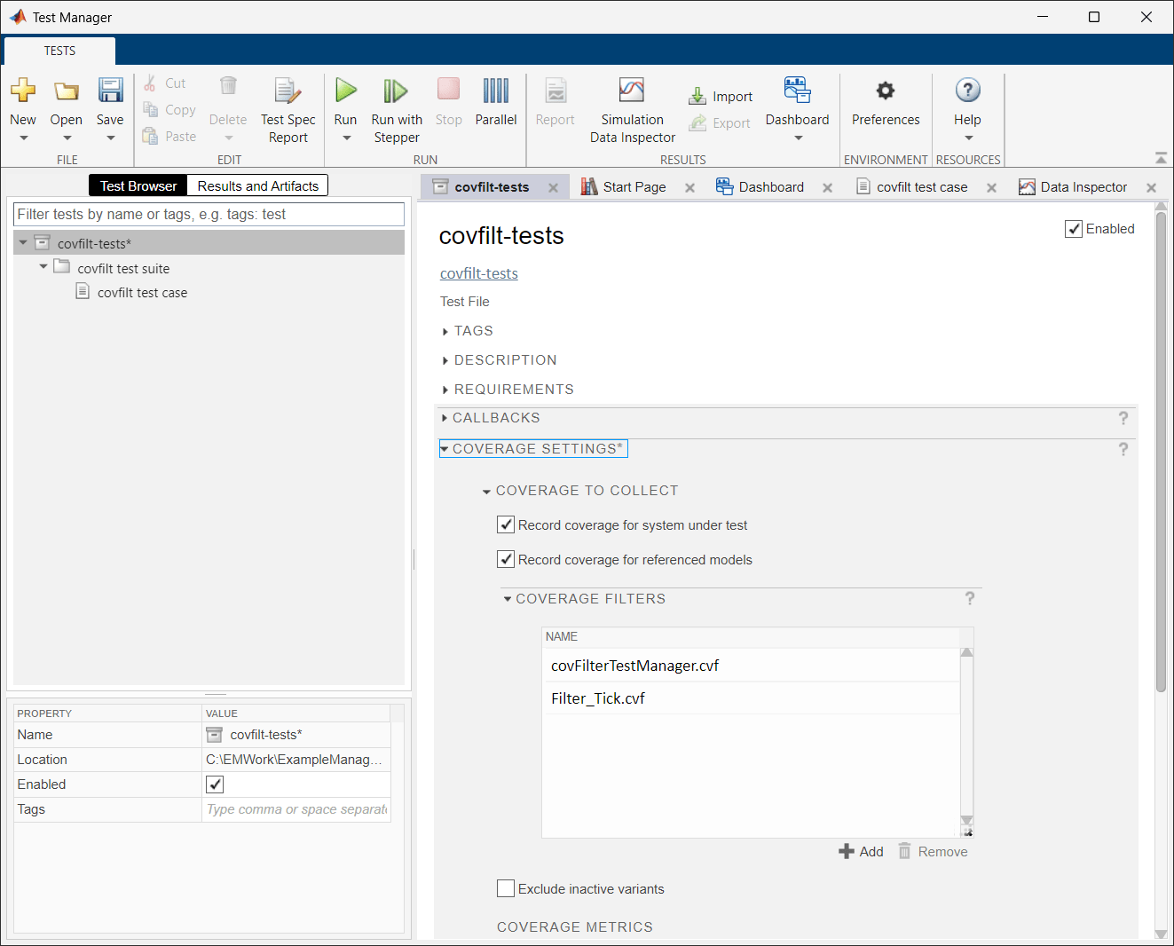 Test Browser displaying the options for the test file. The Coverage Filters section shows two applied filters.