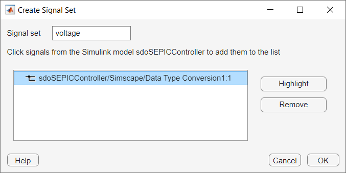 Create Signal Set dialog box showing the signal added