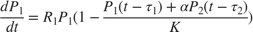 $$\frac{d P_1}{dt} = R_1 P_1 (1 - \frac{P_1(t-\tau_1)+\alpha
P_2(t-\tau_2)}{K})$$