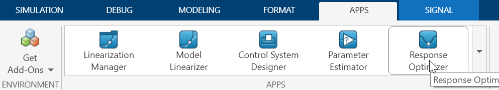 Response Optimizer selected on the Apps tab in the Simulink toolstrip