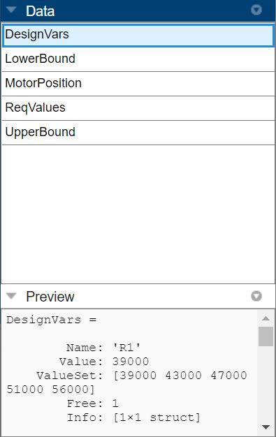 DesignVars selected in the Data area and previewed in the Preview area of the Response Optimizer app