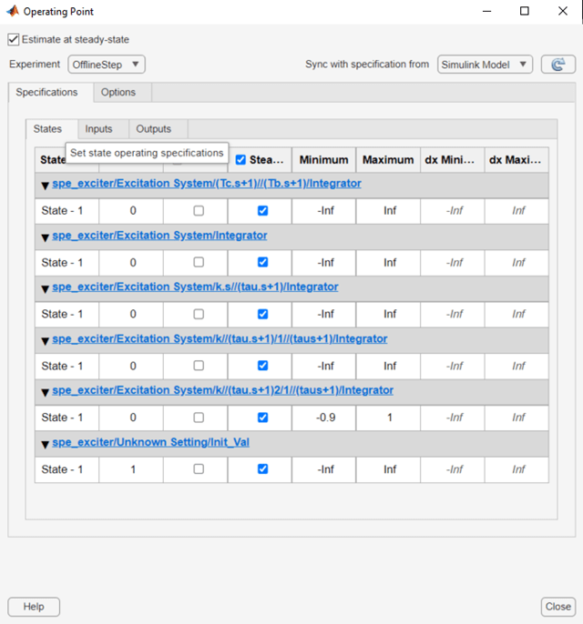 Operating Point dialog box showing the States tab under the Specifications tab. Estimate at steady-state option selected on the top. OfflineStep is selected in the Experiment dropdown list.