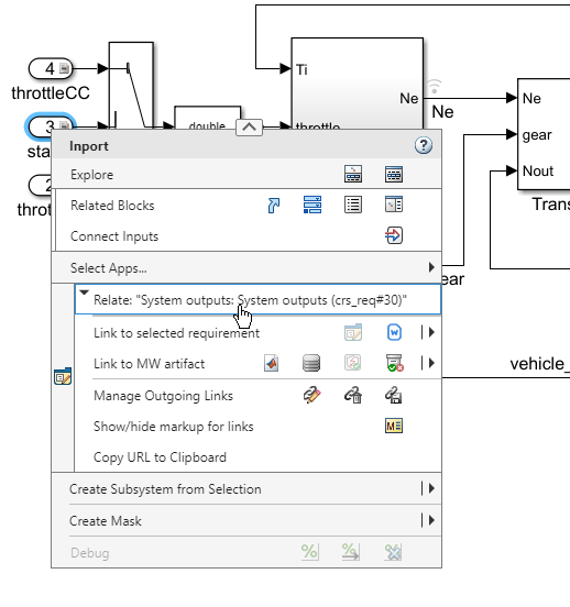 The Simulink model shows the navigation to the System outputs requirement