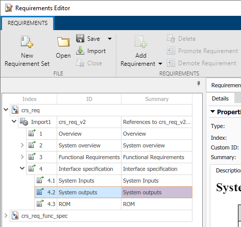 The Requirements Editor shows two requirement sets and the system outputs requirement is selected