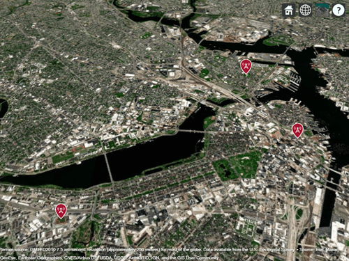 Three transmitter sites displayed over satellite imagery