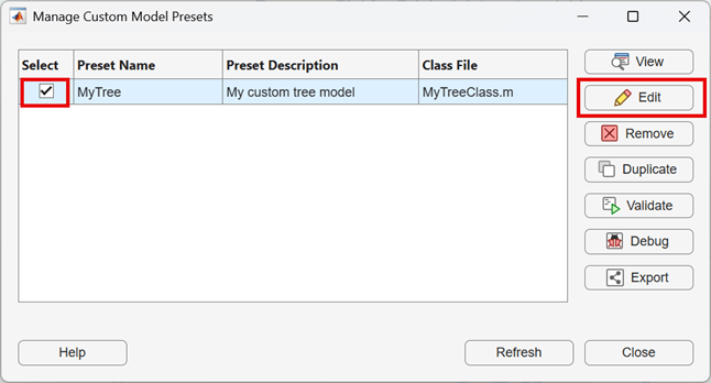 Manage Custom Model Presets dialog box