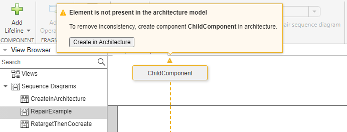 The RepairExample sequence diagram with the ChildComponent lifeline highlighted in yellow.
