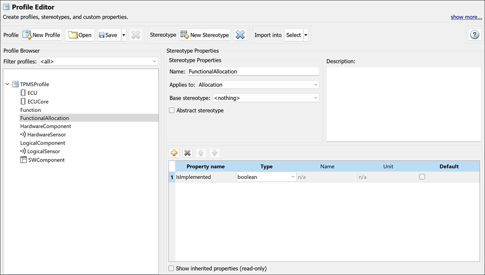 Profile Editor with allocation stereotype and property.