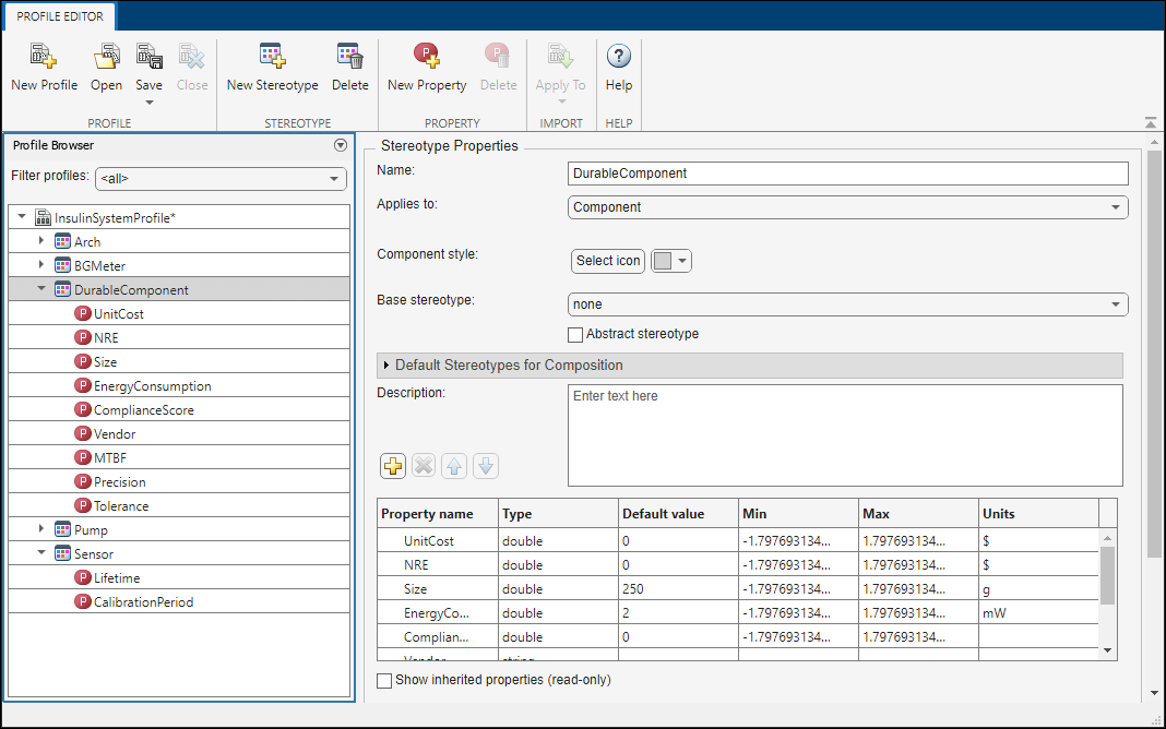 Insulin pump system profile in the Profile Editor with the properties of the Durable Component stereotype visible, including unit cost, NRE, size, energy consumption, compliance score, vendor, MTBF, precision, and tolerance.