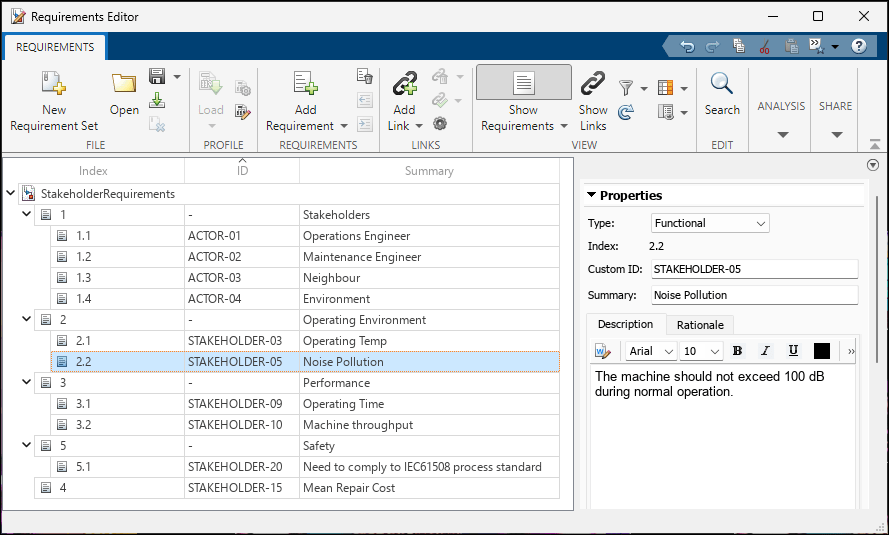 Requirements Editor stakeholder requirements for machine cooling. The noise pollution requirement is highlighted.