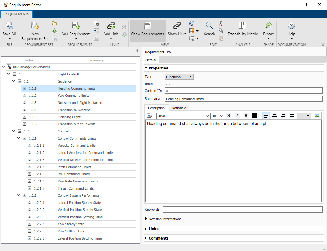 Requirement Editor window. "Heading Command limits" is selected. The Description pane shows "Heading command shall always be in the range between -pi and pi".