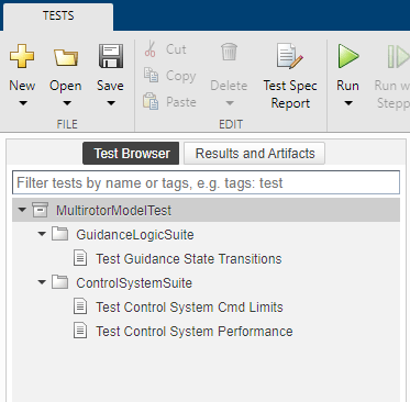 Test Browser pane inside the Test Manager menu. The pane contains the GuidanceLogicSuite and ControlSystemSuite tests.