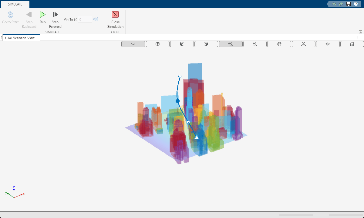 Simulate tab showing UAV trajectory path through 3D Manhattan building scene