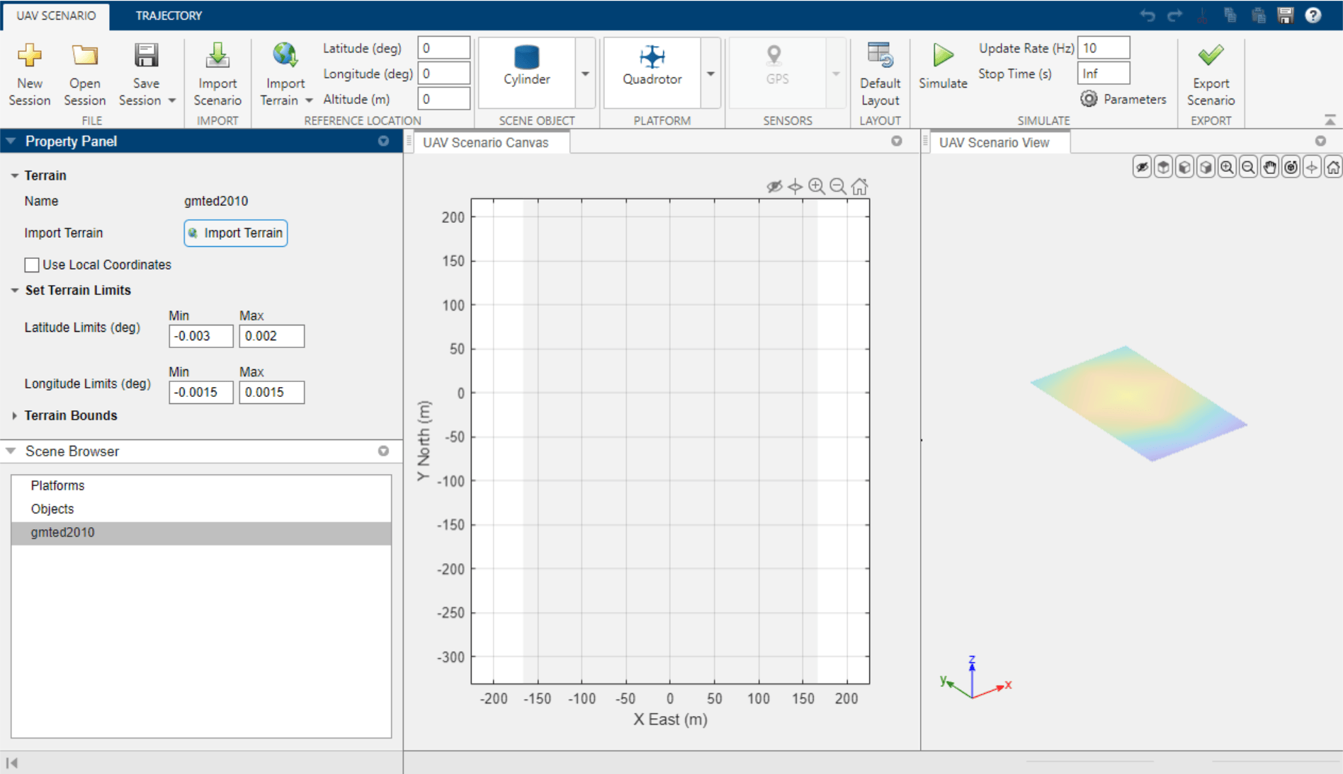 UAV Scenario Designer app displaying the imported gmted2010 terrain with colored elevation data in the 3-D view