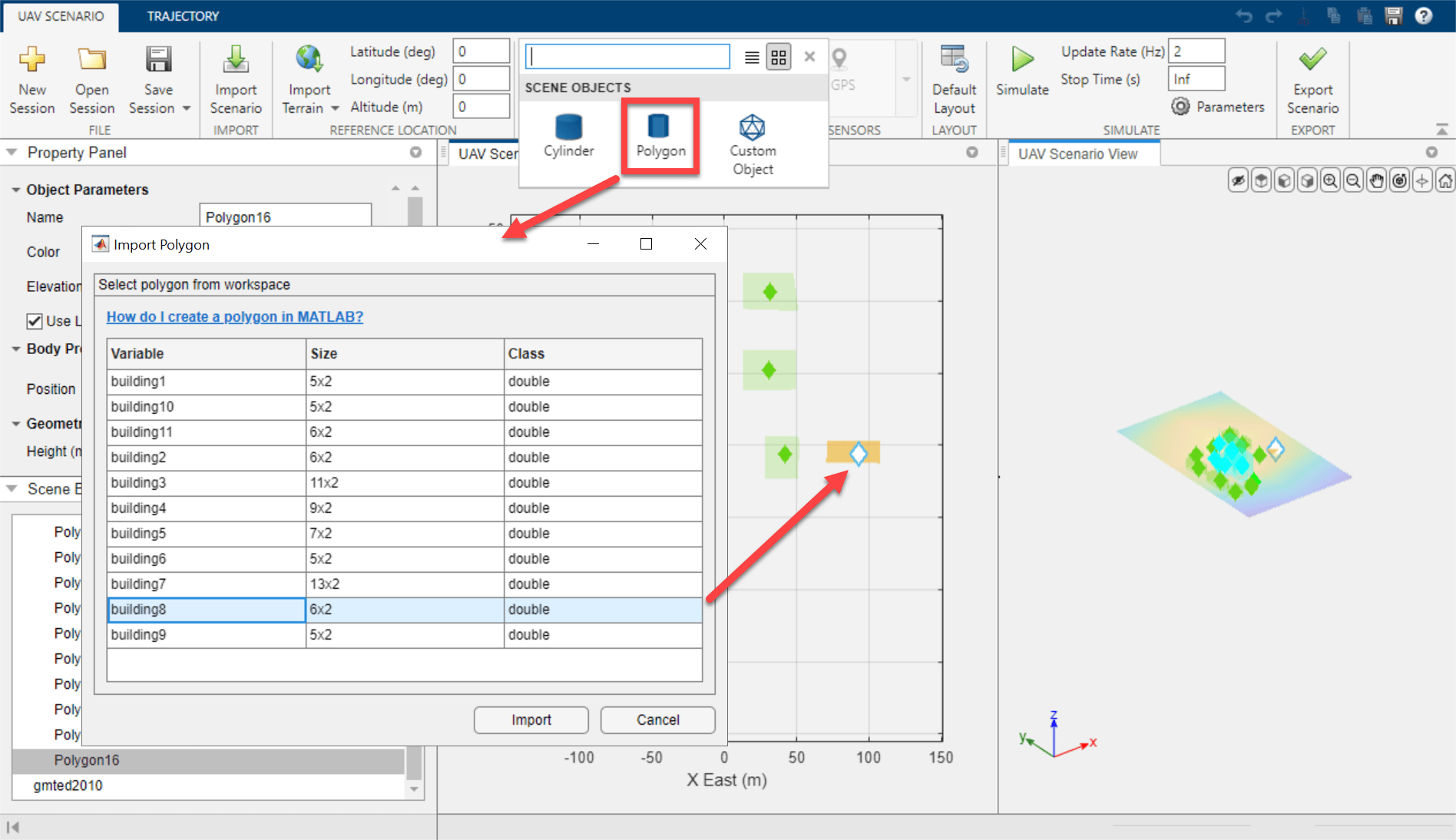 Import Polygon dialog listing building workspace variables, with arrows indicating building8 selected and placed in the scenario