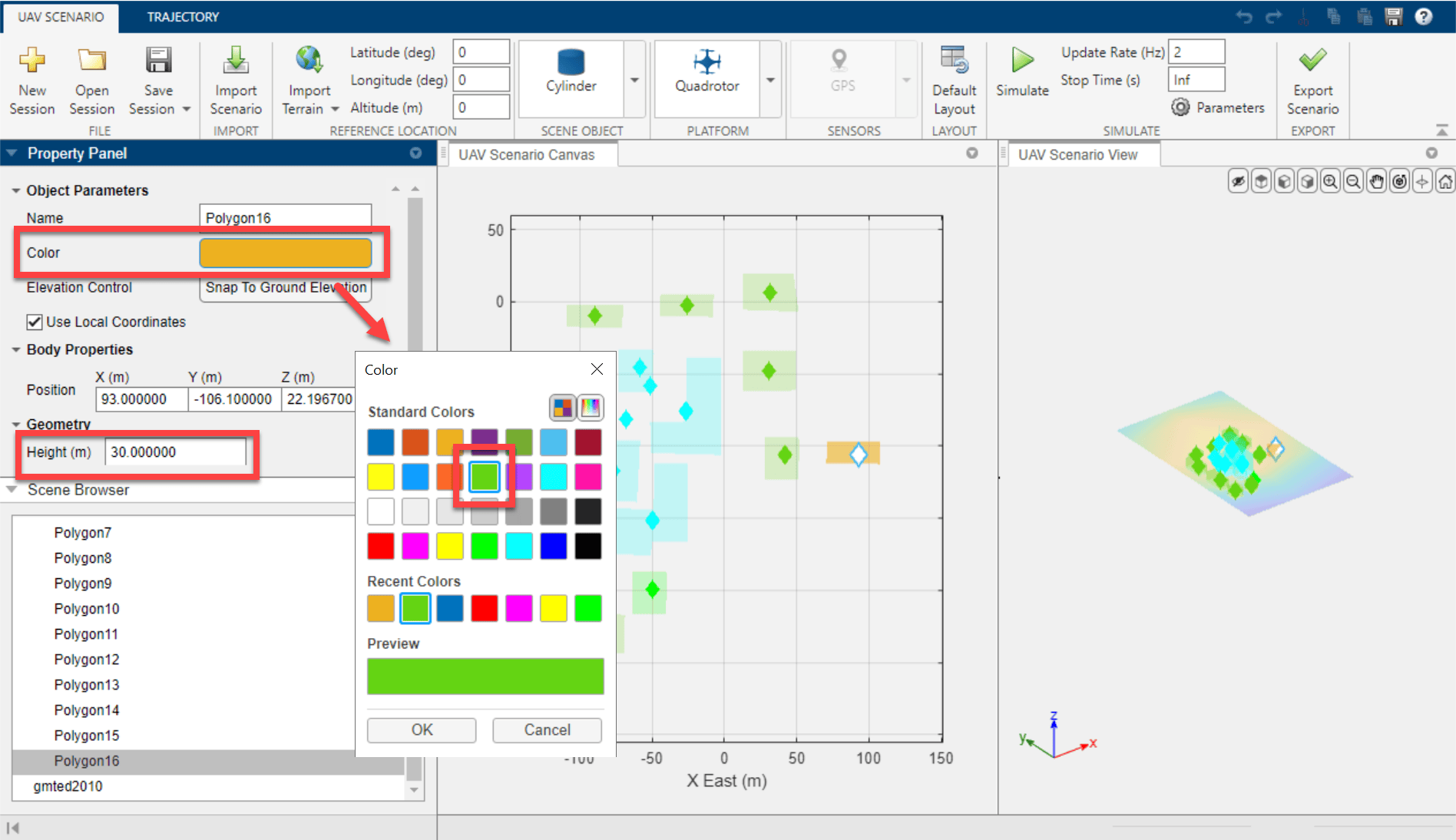 Property Panel with Height set to 30 meters and a color picker open to set the building color to green